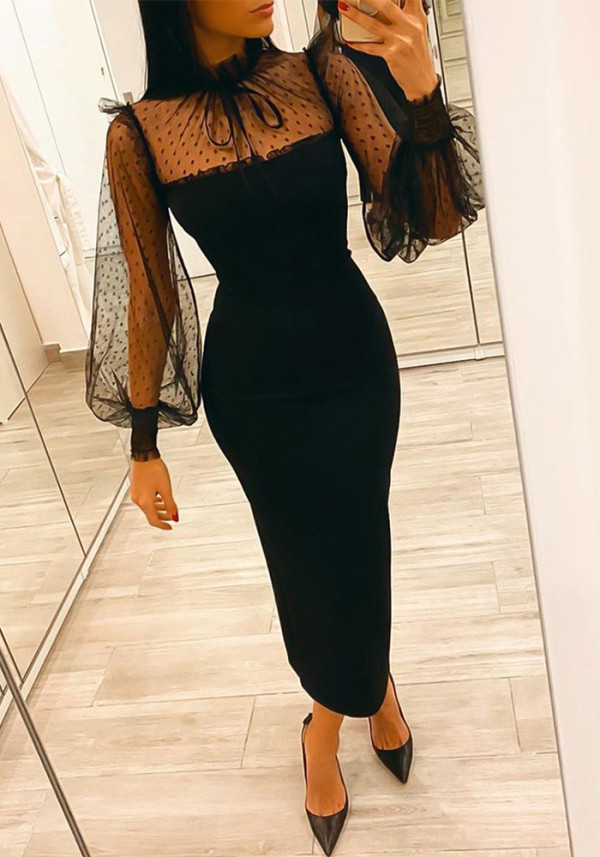 Women Black Mesh Patchwork Lantern Dress