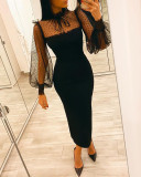 Women Black Mesh Patchwork Lantern Dress