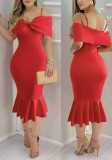 Women Red Bow Off Shoulder Suspender Fishtail Dress