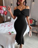 Women Red Bow Off Shoulder Suspender Fishtail Dress