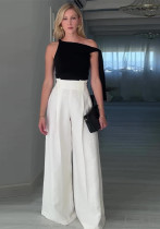 Women summer Solid Slash Shoulder Top and wide-leg pants Casual two-piece set Women summer Solid Slash Shoulder Top and wide-leg pants Casual two-piece set