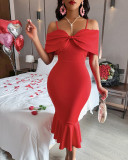 Women Red Bow Off Shoulder Suspender Fishtail Dress