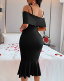 Women Red Bow Off Shoulder Suspender Fishtail Dress