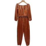 Women Shiny Stretchy Top and Pocket Pant Casual Two-piece Set