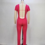 Women backless Solid short-sleeved Jumpsuit