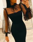 Women Black Mesh Patchwork Lantern Dress