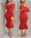 Women Red Bow Off Shoulder Suspender Fishtail Dress