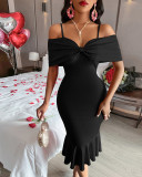 Women Red Bow Off Shoulder Suspender Fishtail Dress