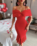 Women Red Bow Off Shoulder Suspender Fishtail Dress