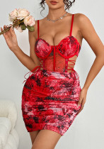 Women sexy hollow cross-lace steel ring fishbone suspender pleated Bodycon Dress