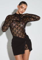 Women Solid Lace See-Through Long Sleeve Top and Skirt Two-piece Set Women Solid Lace See-Through Long Sleeve Top and Skirt Two-piece Set