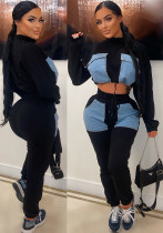 Women's Autumn And Winter Fashion Patchwork High Collar Open Waist Two-Piece Pants Set Women's Autumn And Winter Fashion Patchwork High Collar Open Waist Two-Piece Pants Set