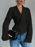 Fashion Lace-Up Solid Color Women's Long Sleeve Turndown Collar Shirt
