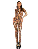 Zipper Sexy Light High Stretch Leopard Print Stand Collar Jumpsuit