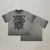 Spring Summer Ripped Retro Printed T-Shirt Men's Trendy Loose Washed Top