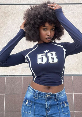 Fashionable Women's T-Shirt Crop Tight Fitting Printed Long-Sleeved Top