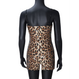 Sequin Leopard Straps Low Back Sexy Hollow Tight Fitting Short Jumpsuit