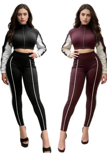 Fashionable Contrast Crop Sports Casual Two Piece Pants Set