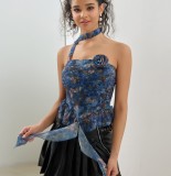 Summer Fashion Sexy Flower Strapless Ruffled Short Ribbon Vest