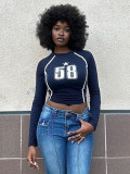 Fashionable Women's T-Shirt Crop Tight Fitting Printed Long-Sleeved Top