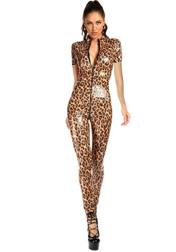 Zipper Sexy Light High Stretch Leopard Print Stand Collar Jumpsuit
