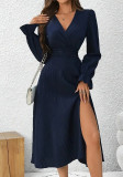 Women's Chic V-Neck Slim Elegant Long Sleeve Slit A-Line Dress