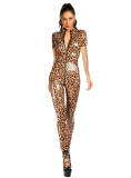 Zipper Sexy Light High Stretch Leopard Print Stand Collar Jumpsuit