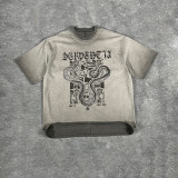 Spring Summer Ripped Retro Printed T-Shirt Men's Trendy Loose Washed Top
