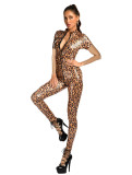 Zipper Sexy Light High Stretch Leopard Print Stand Collar Jumpsuit