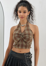 American Halter Neck Plaid Knot Vest Women's Summer Sleeveless Sexy Low Back Top