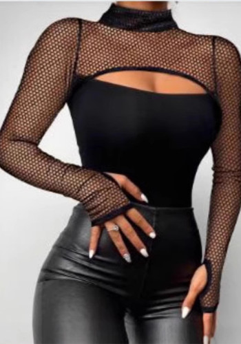 Women's Costume Sexy See-Through Hollow Mesh Patchwork Tight Fitting High Neck Top