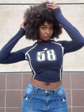 Fashionable Women's T-Shirt Crop Tight Fitting Printed Long-Sleeved Top