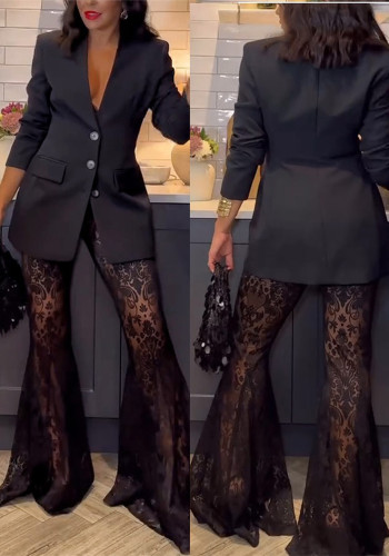 Spring And Autumn Fashion Long-Sleeved Blazer Casual Loose Lace Trousers Two-Piece Suits