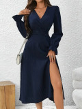 Women's Chic V-Neck Slim Elegant Long Sleeve Slit A-Line Dress