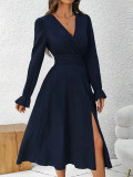Women's Chic V-Neck Slim Elegant Long Sleeve Slit A-Line Dress