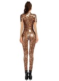 Zipper Sexy Light High Stretch Leopard Print Stand Collar Jumpsuit