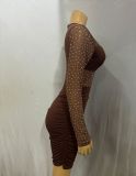 Women long sleeve round neck see-through beaded sexy bodycon dress