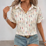 Women Summer Contrast Turndown Collar Line Print Shirt