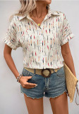 Women Summer Contrast Turndown Collar Line Print Shirt