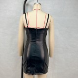 Women Sexy Off Shoulder Bodycon Pu Leather Strap Dress