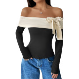 Women Long Sleeve Off Shoulder Bow T-Shirt
