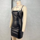 Women Sexy Off Shoulder Bodycon Pu Leather Strap Dress