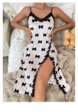 Women Sexy Printed Velvet Lace Patchwork Slit Suspender Nightdress