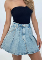 Women Casual Retro Denim Pleated Skirt