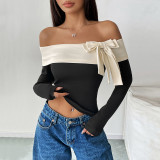 Women Long Sleeve Off Shoulder Bow T-Shirt