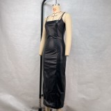 Women Spring Summer Pu-Leather Suspender Zipper Bodycon Dress