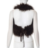 Women Fur Halter Neck V-Neck Backless Tether Crop Tank Top