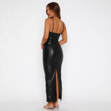 Women Spring Summer Pu-Leather Suspender Zipper Bodycon Dress