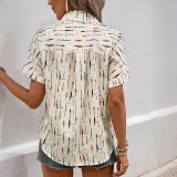 Women Summer Contrast Turndown Collar Line Print Shirt