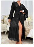 Women V-Neck Long-Sleeved Fluffy Sequin Nightgown